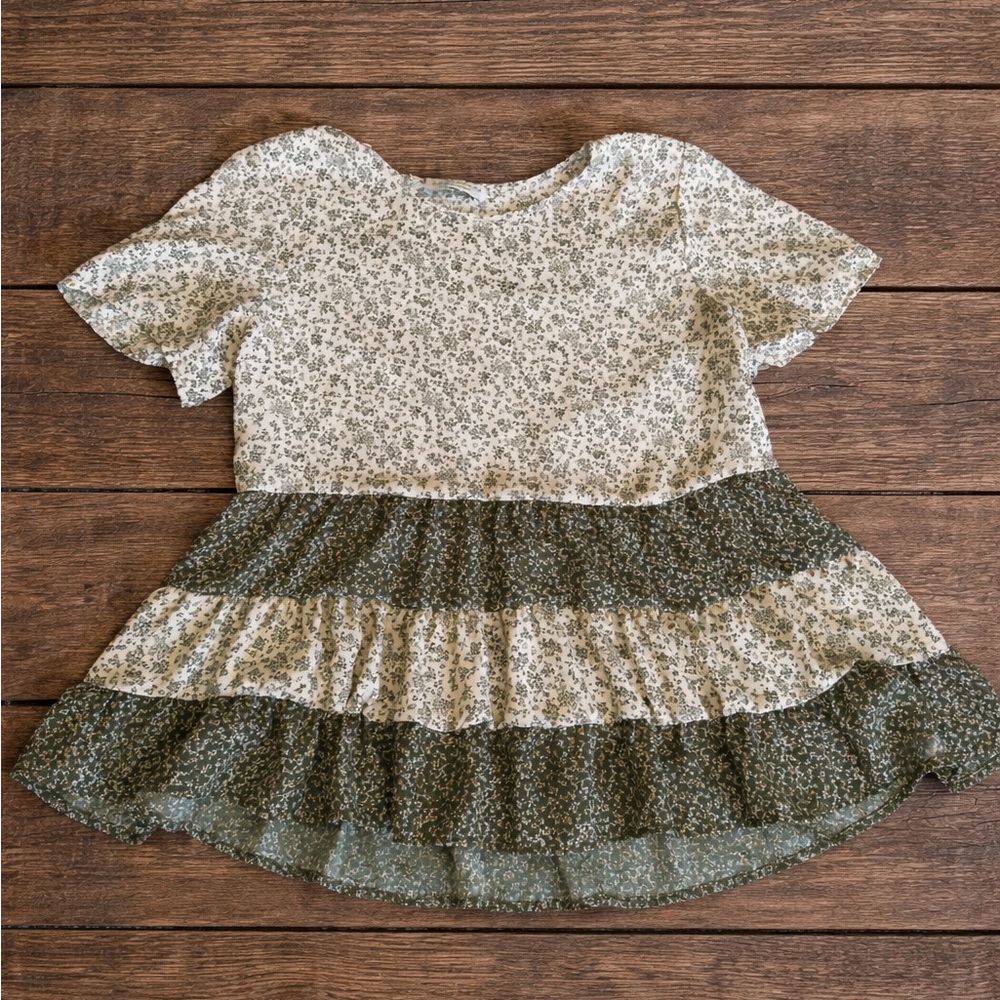 Paper Crane Floral Tiered Top - Green and Cream